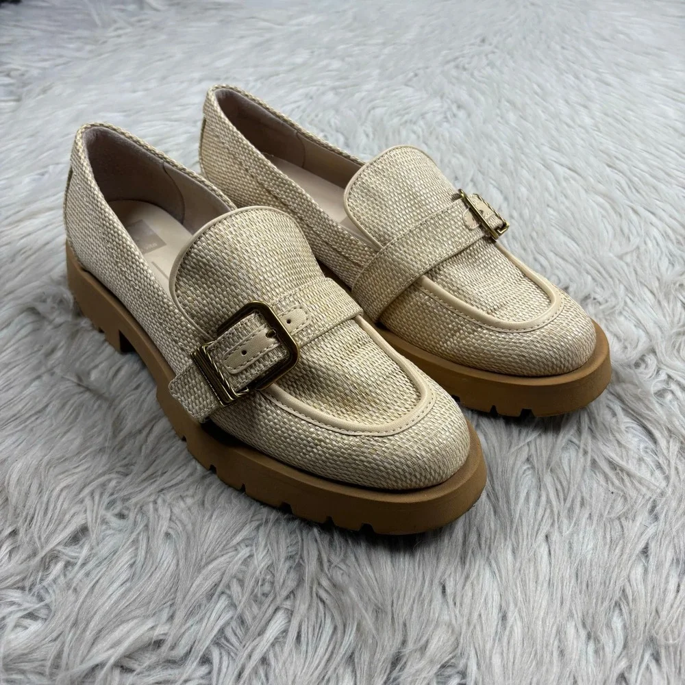 Dolce Vita Women's 9.5 Biege Erika Raffia Lug Sole Loafers Preppy Coastal